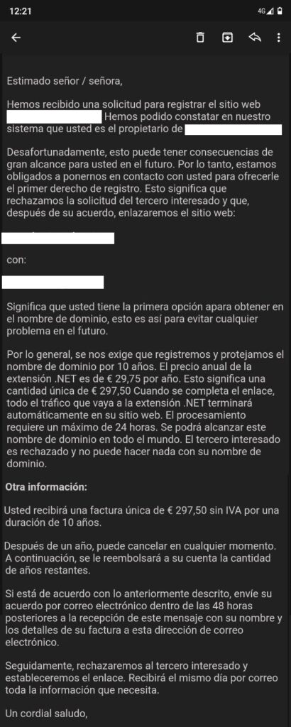 hemos recibido una solicitud para registrar tu nombre de dominio